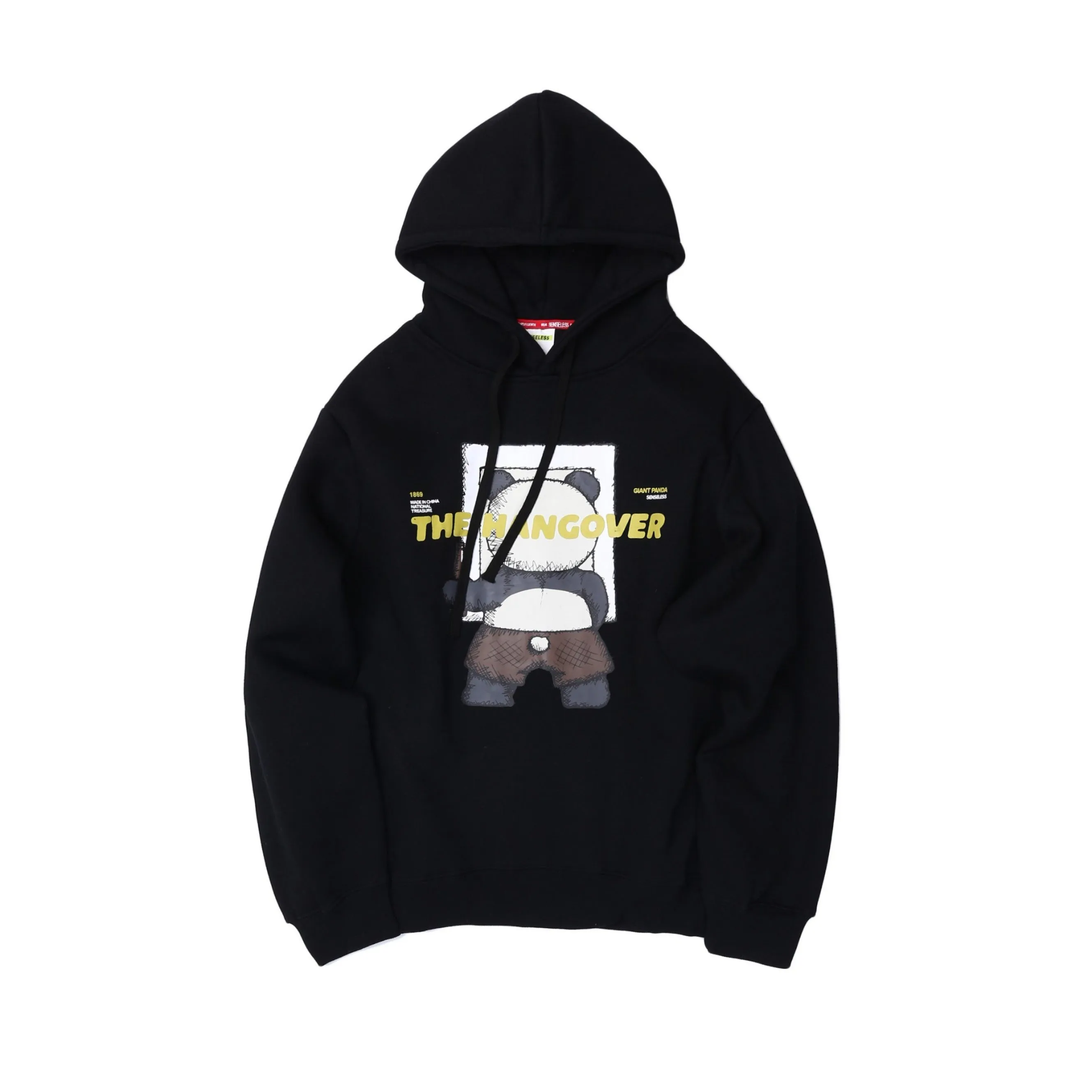 Men's black casual hoodie with straight fit, round neck and plain modal fabric