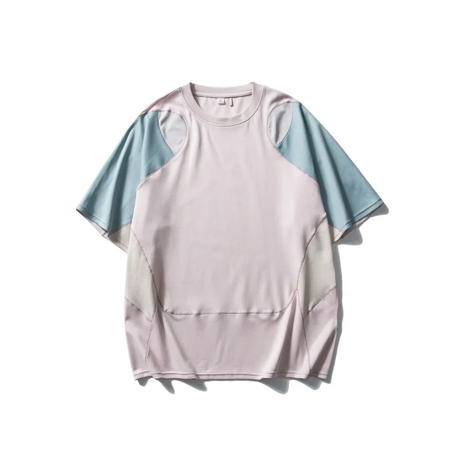 Men's loose blue patchwork contrast short sleeve t-shirt on a hanger