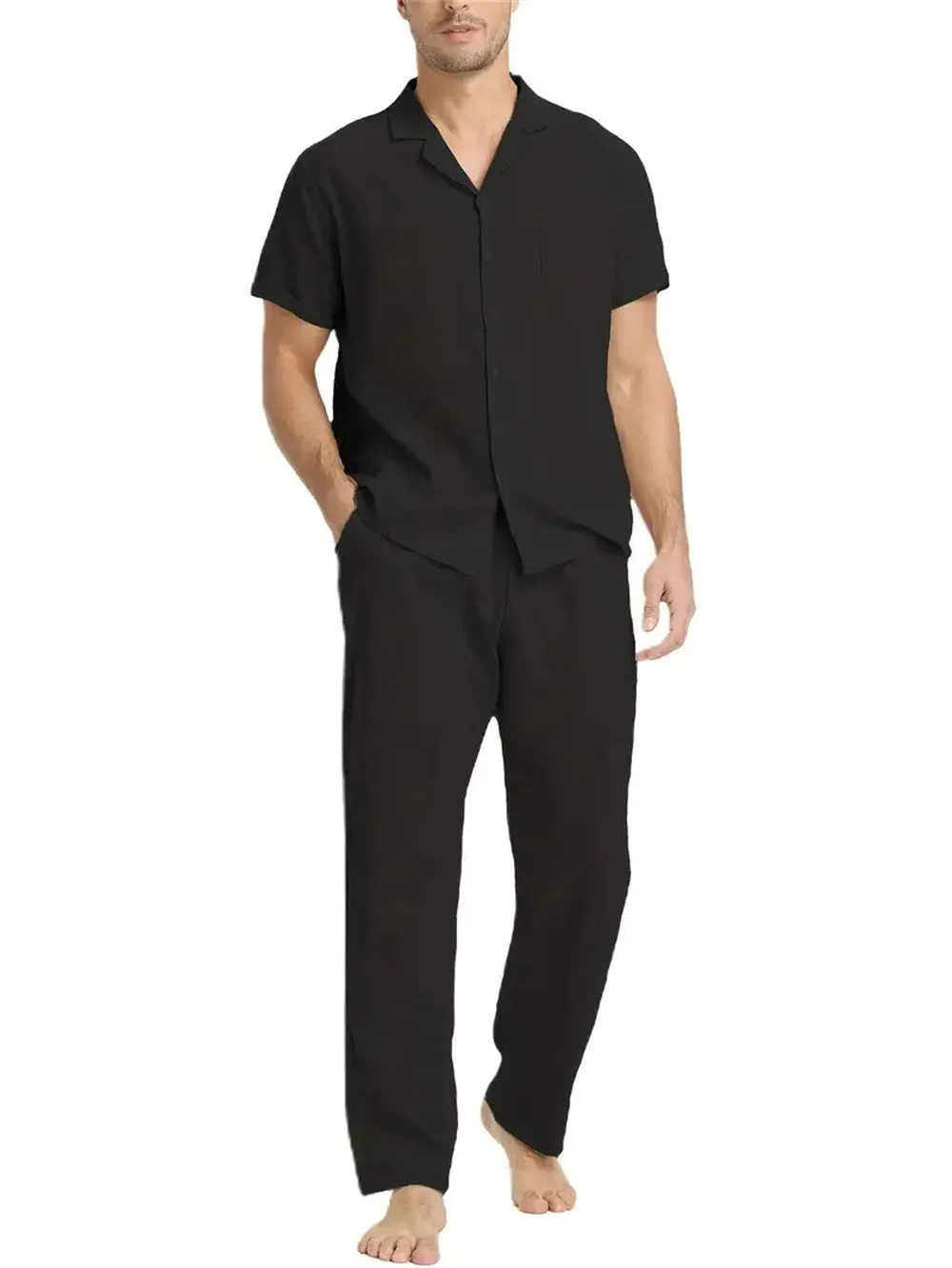 Men's cotton blend casual exercise short sleeve suit set in khaki with top and pants on a model
