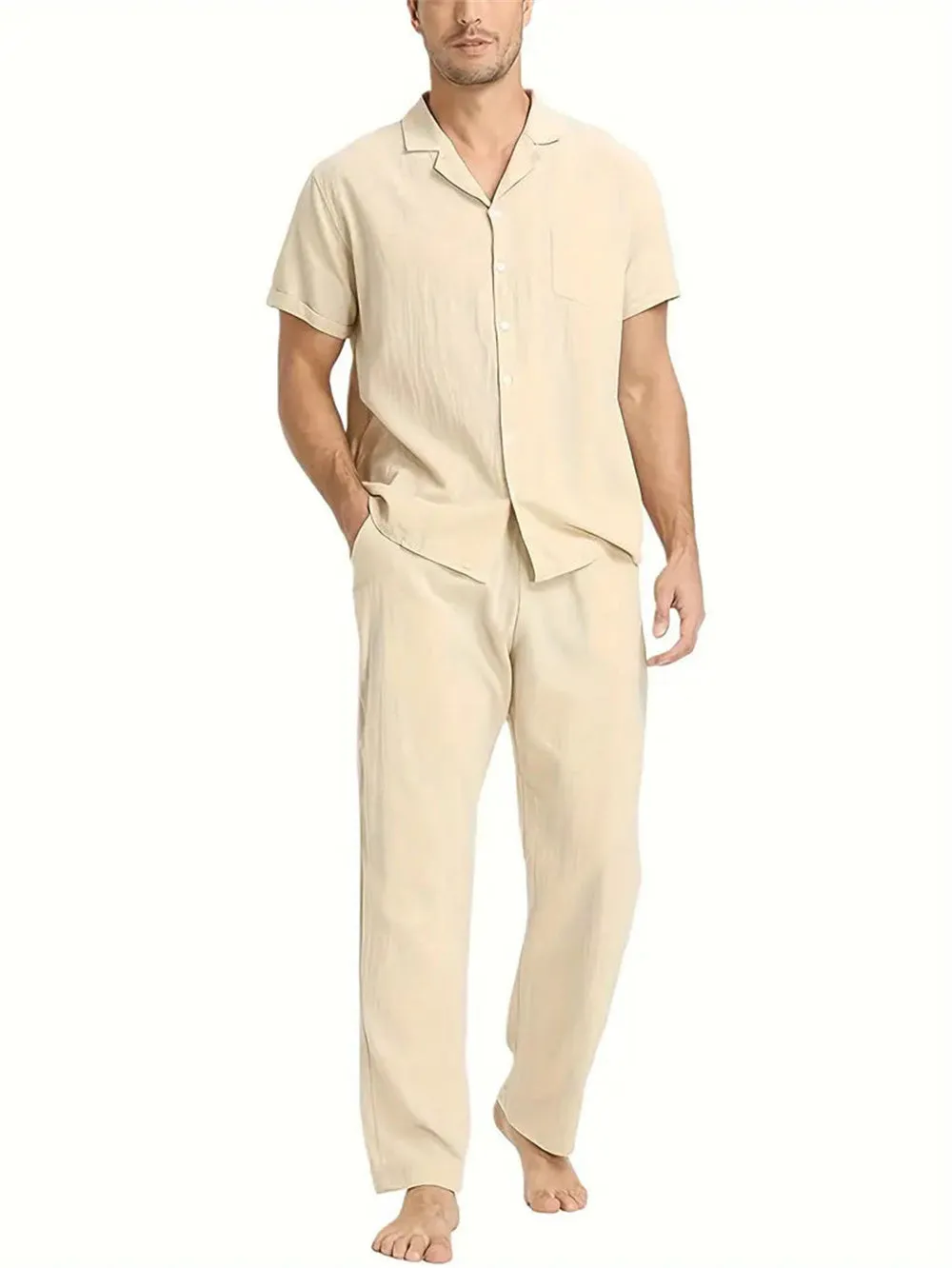Men's cotton blend casual exercise short sleeve suit set in khaki with top and pants on a model