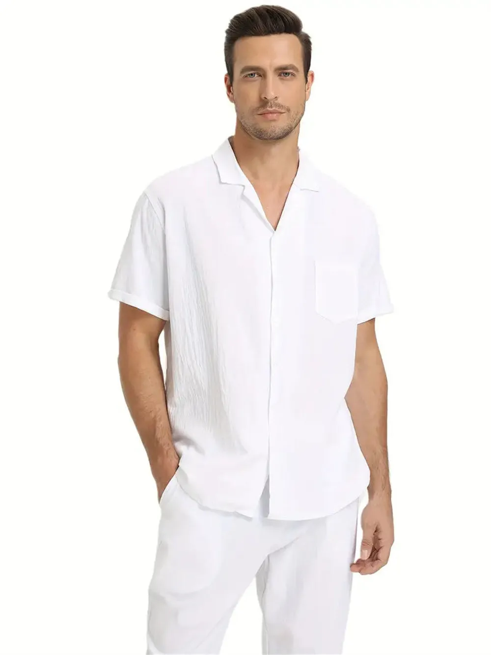 Men's cotton blend casual exercise short sleeve suit set in khaki with top and pants on a model