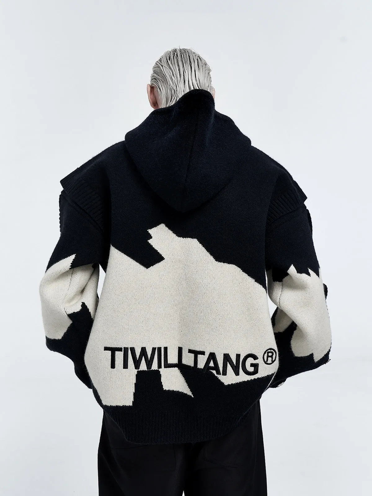 Men's ink gray black colour block long sleeve embroidered pullover hoodie jacket on hanger