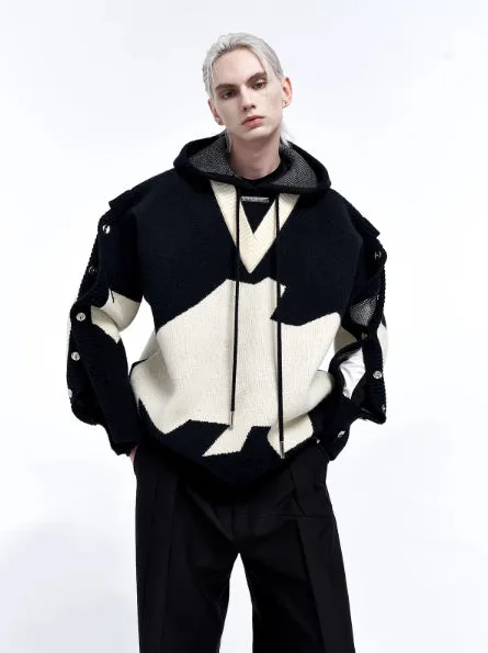 Men's ink gray black colour block long sleeve embroidered pullover hoodie jacket on hanger