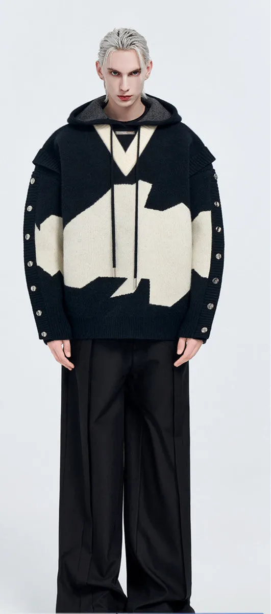 Men's ink gray black colour block long sleeve embroidered pullover hoodie jacket on hanger