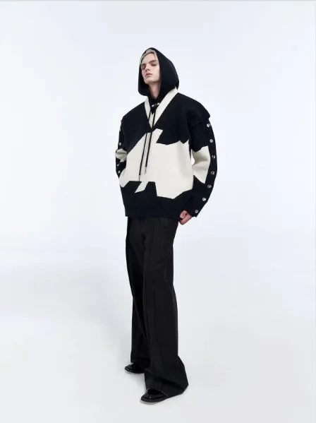Men's ink gray black colour block long sleeve embroidered pullover hoodie jacket on hanger