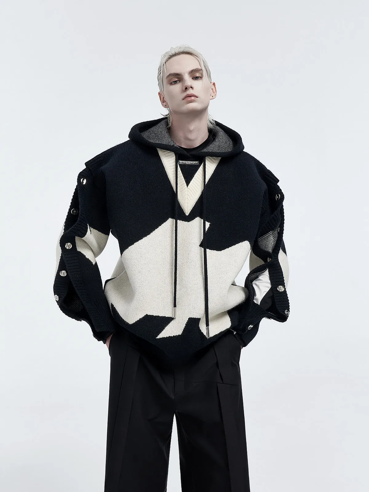 Men's ink gray black colour block long sleeve embroidered pullover hoodie jacket on hanger