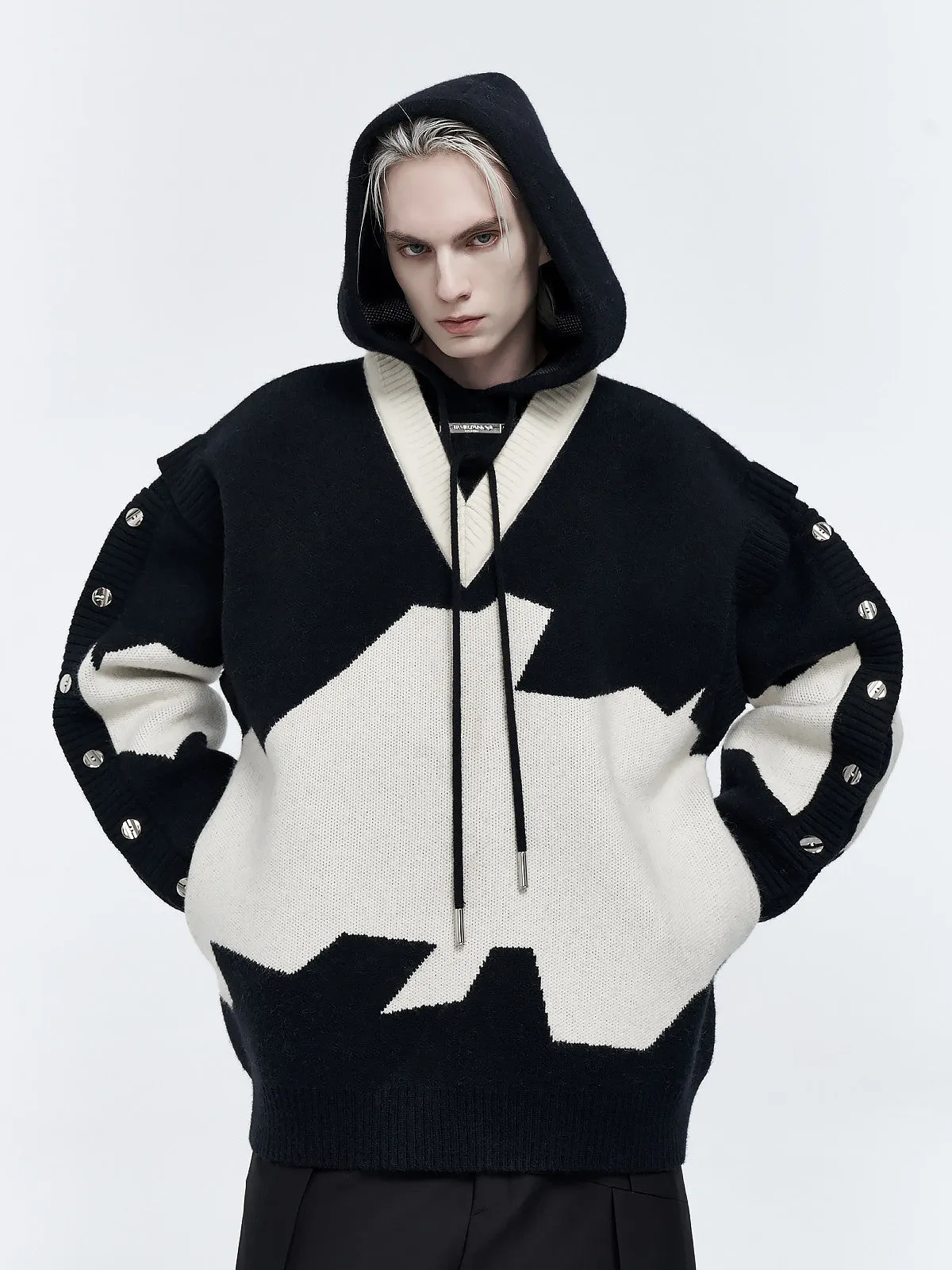 Men's ink gray black colour block long sleeve embroidered pullover hoodie jacket on hanger