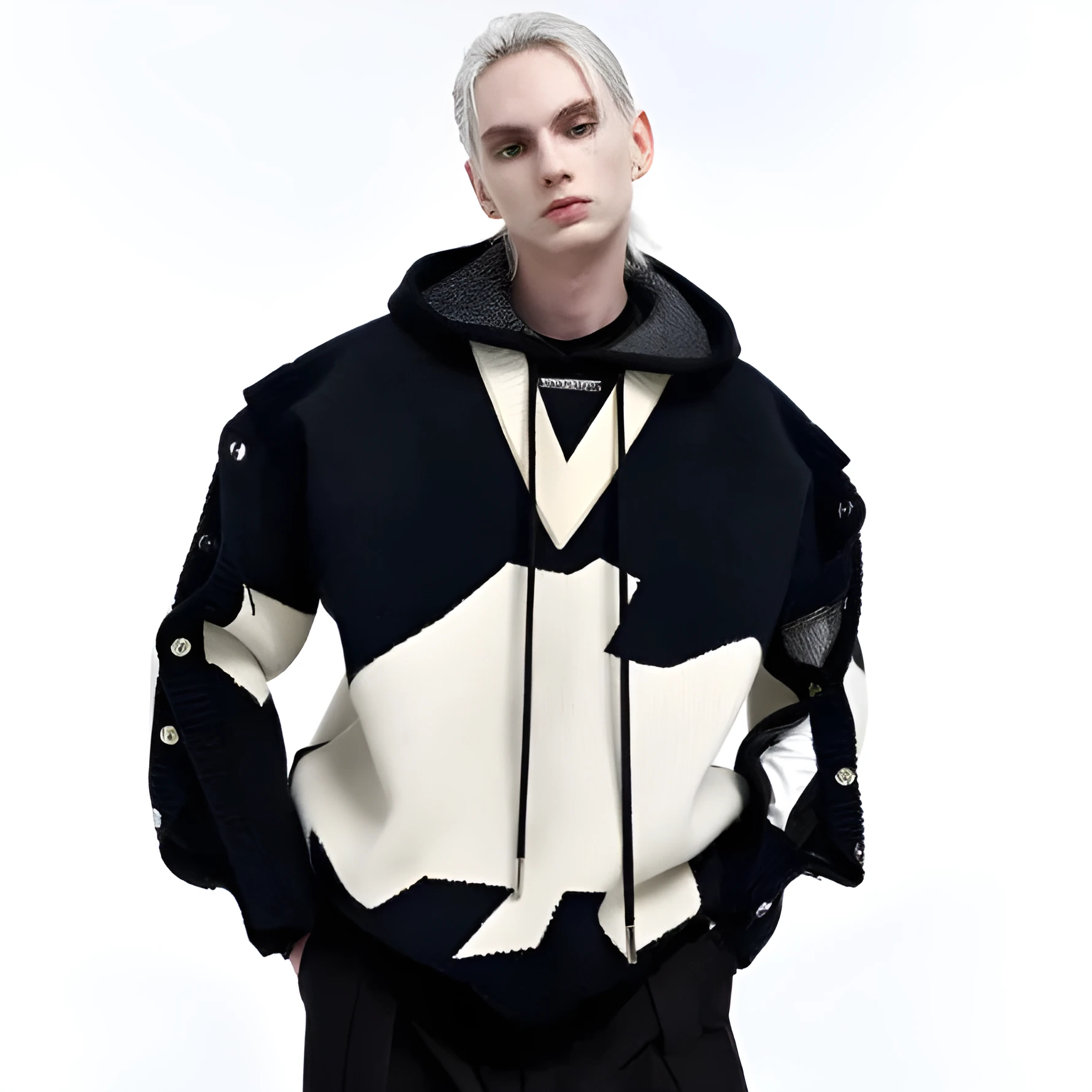 Men's ink gray black colour block long sleeve embroidered pullover hoodie jacket on hanger