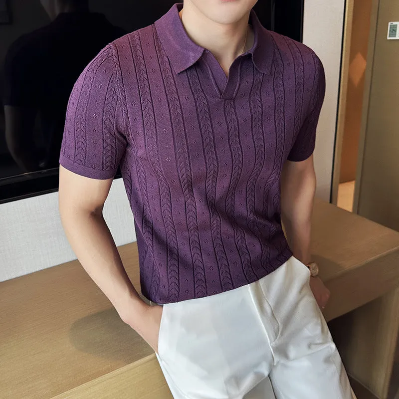 Striped jacquard knitted short-sleeve V-neck T-shirt in black, cotton blend