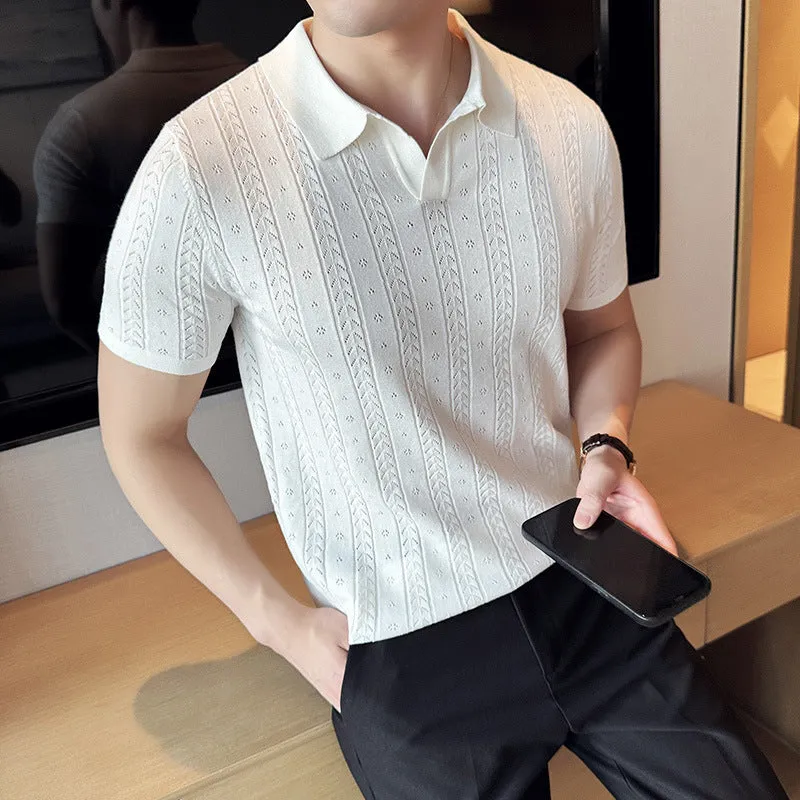 Striped jacquard knitted short-sleeve V-neck T-shirt in black, cotton blend