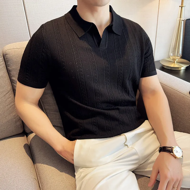 Striped jacquard knitted short-sleeve V-neck T-shirt in black, cotton blend