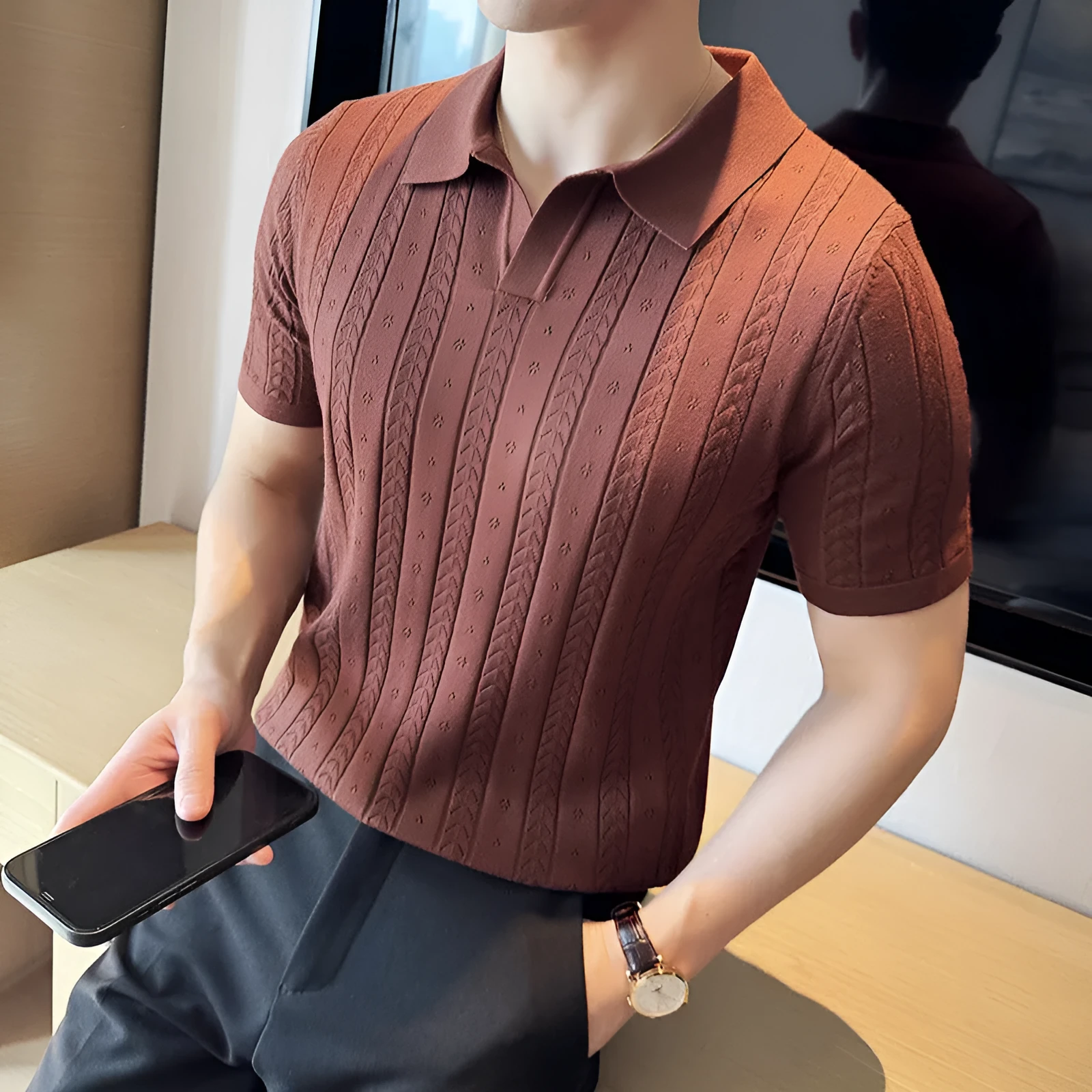 Striped jacquard knitted short-sleeve V-neck T-shirt in black, cotton blend