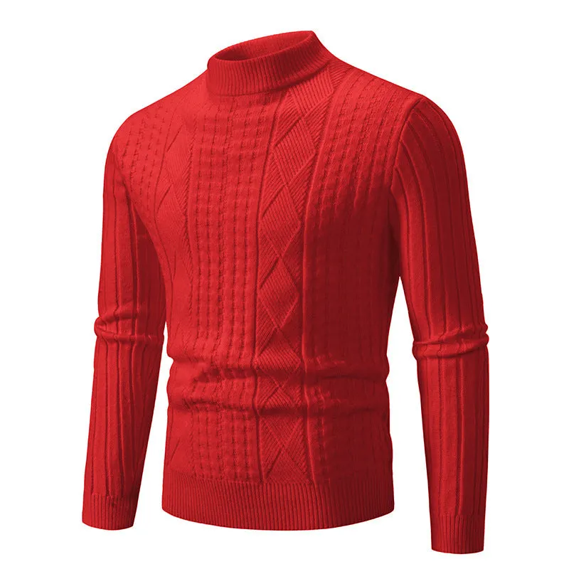 Men's slim fit jacquard knit pullover sweater in beige, front view, long sleeves, crew neck