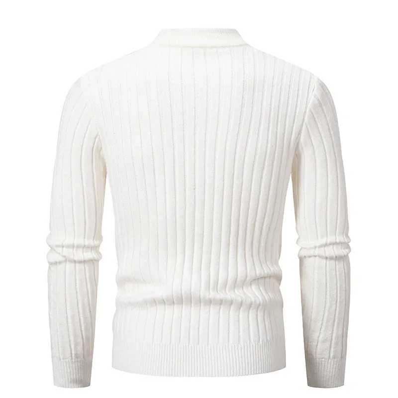 Men's slim fit jacquard knit pullover sweater in beige, front view, long sleeves, crew neck