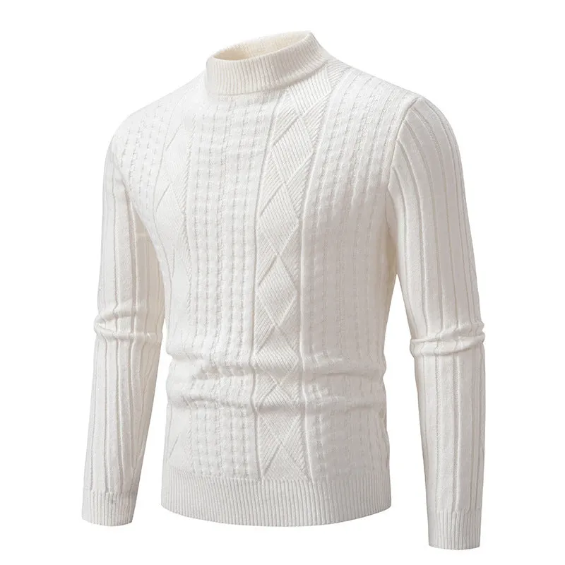 Men's slim fit jacquard knit pullover sweater in beige, front view, long sleeves, crew neck