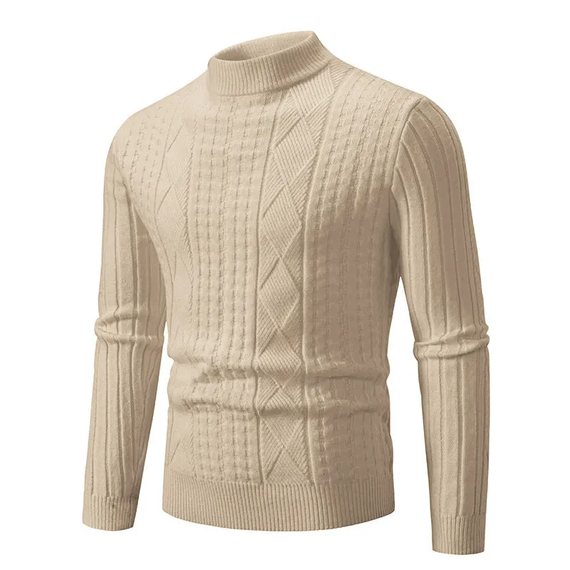 Men's slim fit jacquard knit pullover sweater in beige, front view, long sleeves, crew neck