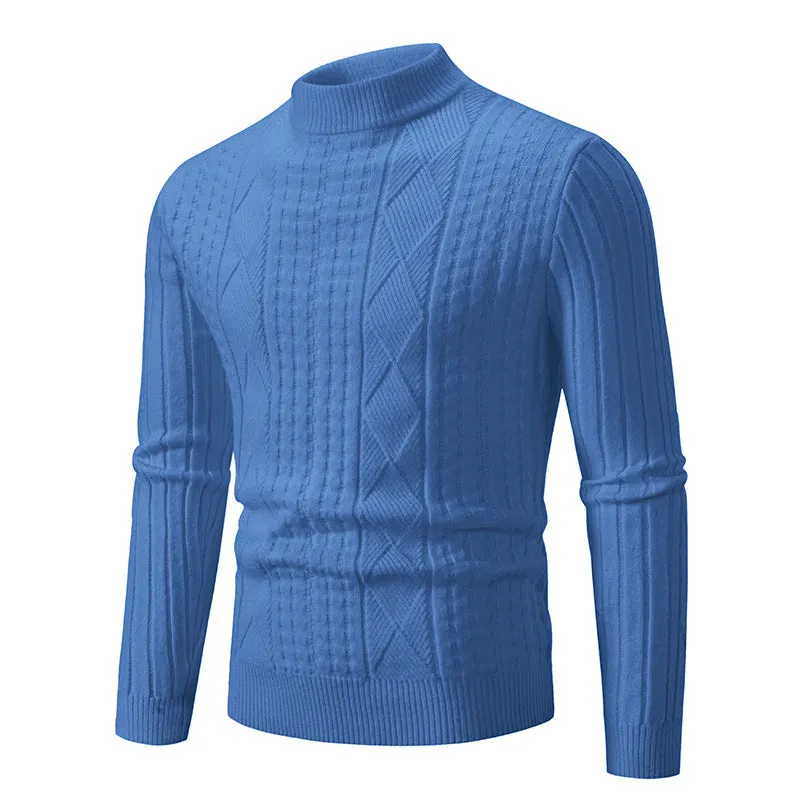 Men's slim fit jacquard knit pullover sweater in beige, front view, long sleeves, crew neck