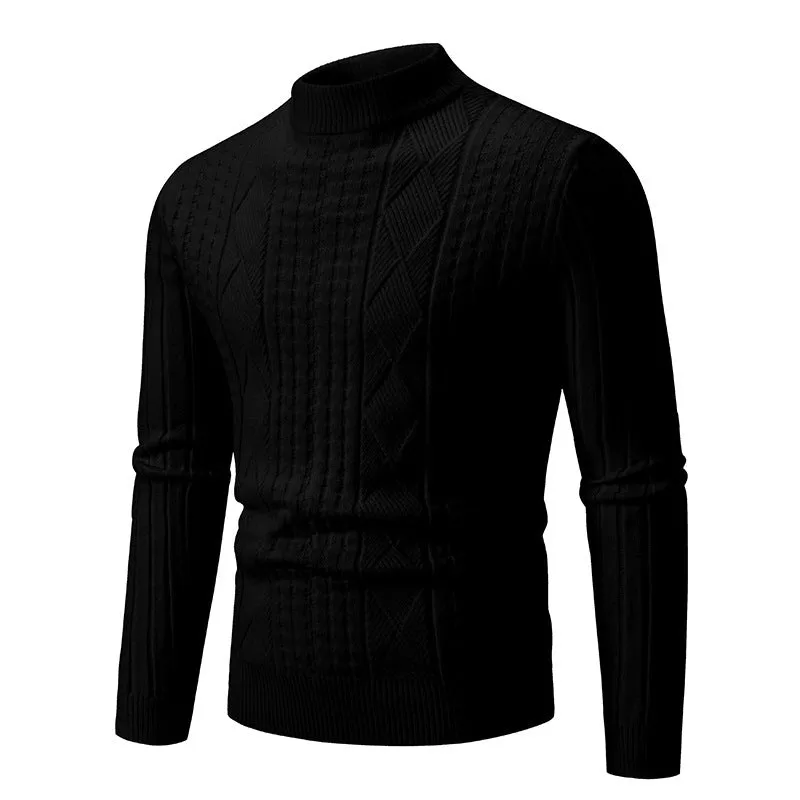Men's slim fit jacquard knit pullover sweater in beige, front view, long sleeves, crew neck