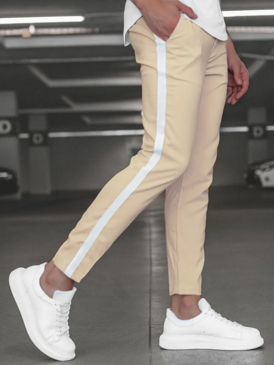Men's slim trousers with horizontal bar detail, straight leg, in khaki colour
