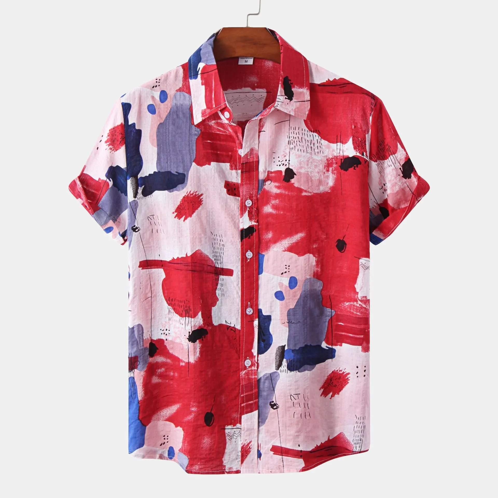Men's white floral print short sleeve cardigan with lapel collar, loose fit