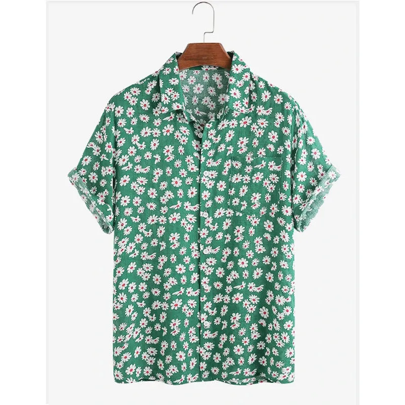 Men's white floral print short sleeve cardigan with lapel collar, loose fit