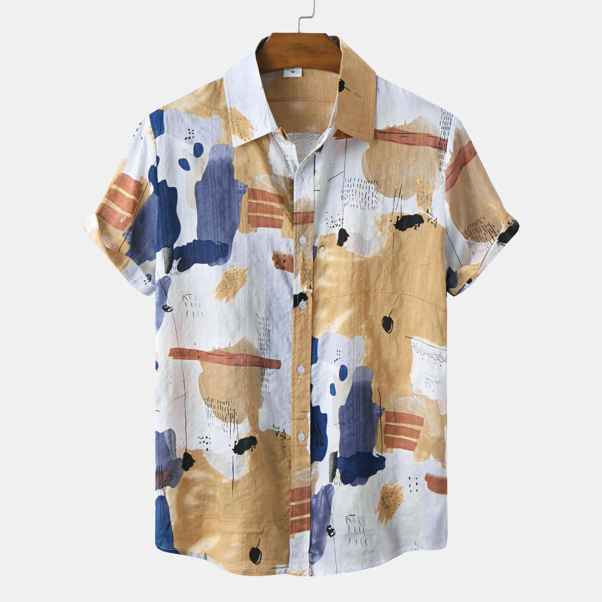 Men's white floral print short sleeve cardigan with lapel collar, loose fit
