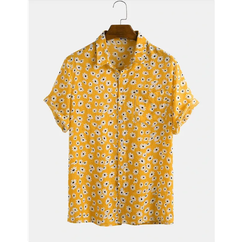 Men's white floral print short sleeve cardigan with lapel collar, loose fit