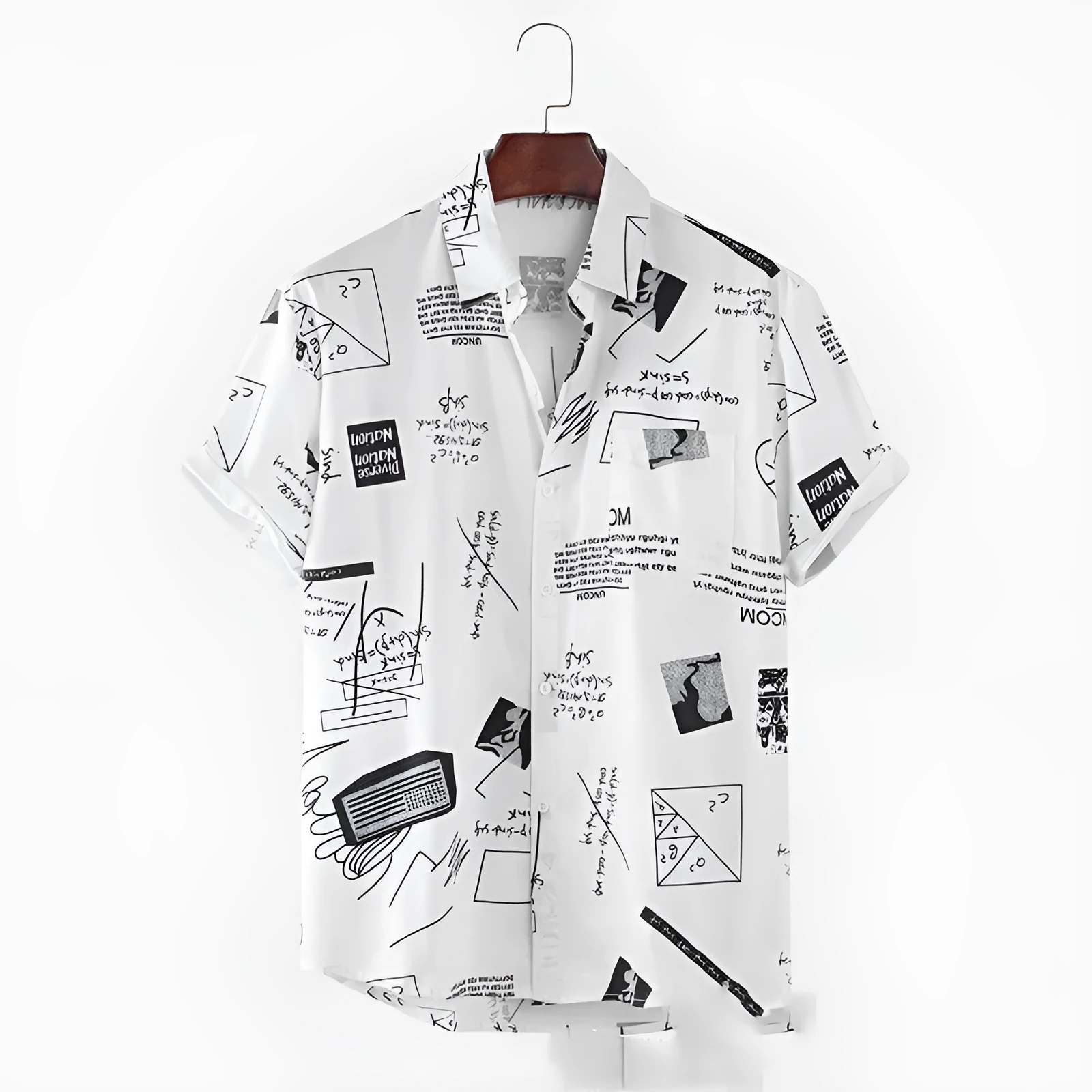 Men's white floral print short sleeve cardigan with lapel collar, loose fit