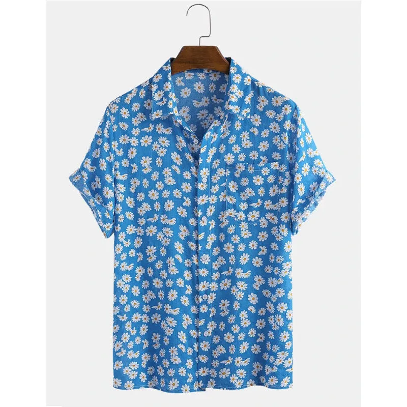 Men's white floral print short sleeve cardigan with lapel collar, loose fit