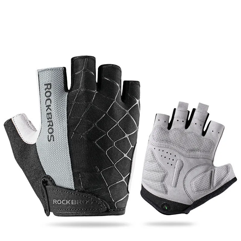 Pair of cycling gloves in grey, red, blue, and green on display with size chart