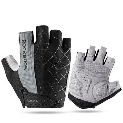 Pair of cycling gloves in grey, red, blue, and green on display with size chart