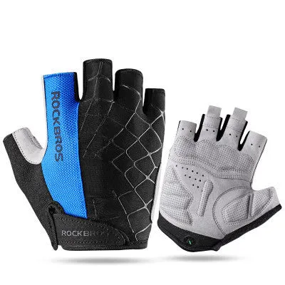 Pair of cycling gloves in grey, red, blue, and green on display with size chart