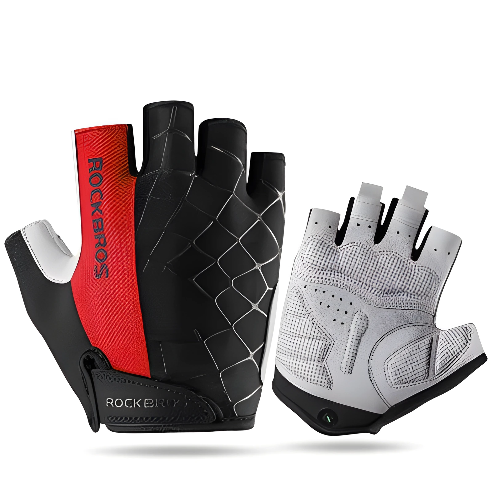 Pair of cycling gloves in grey, red, blue, and green on display with size chart