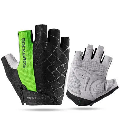 Pair of cycling gloves in grey, red, blue, and green on display with size chart