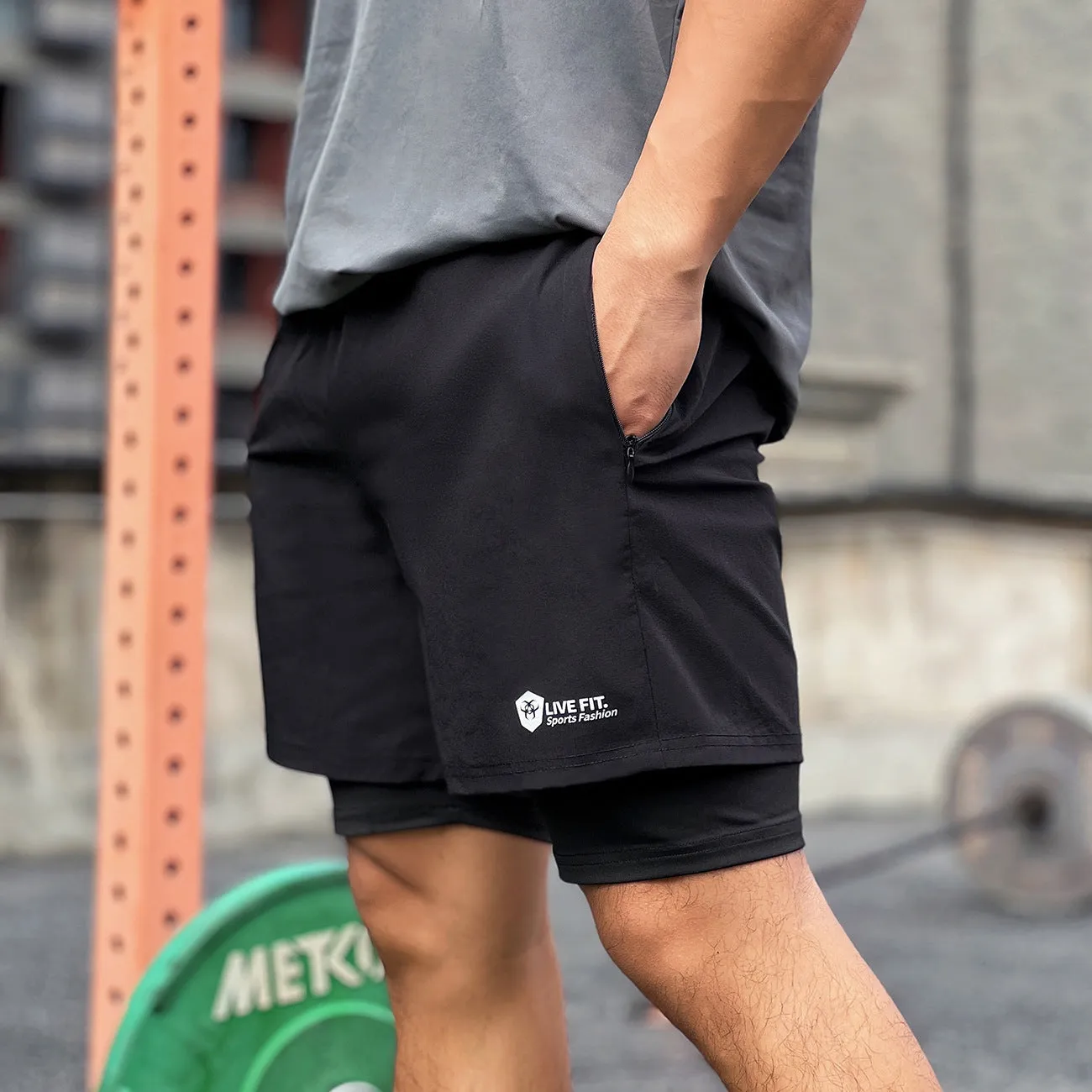 American style quick drying zippered shorts for men in grey, size M, front view