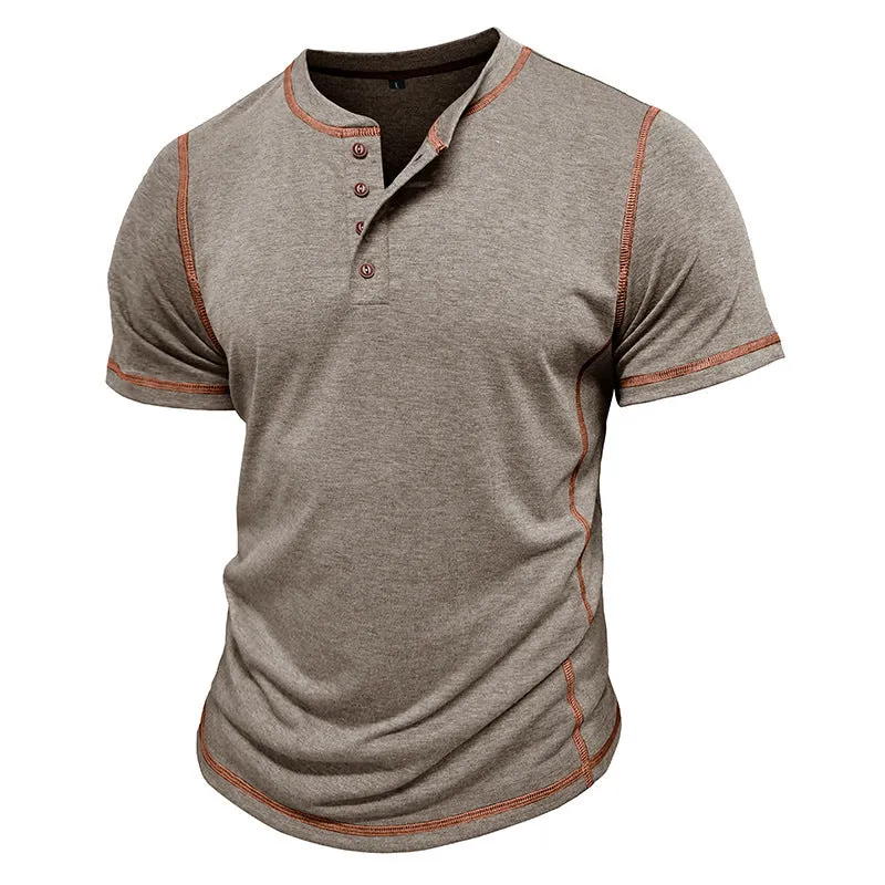 Men's short sleeve solid colour polo shirt in khaki, cotton blend fabric, button front, summer casual top