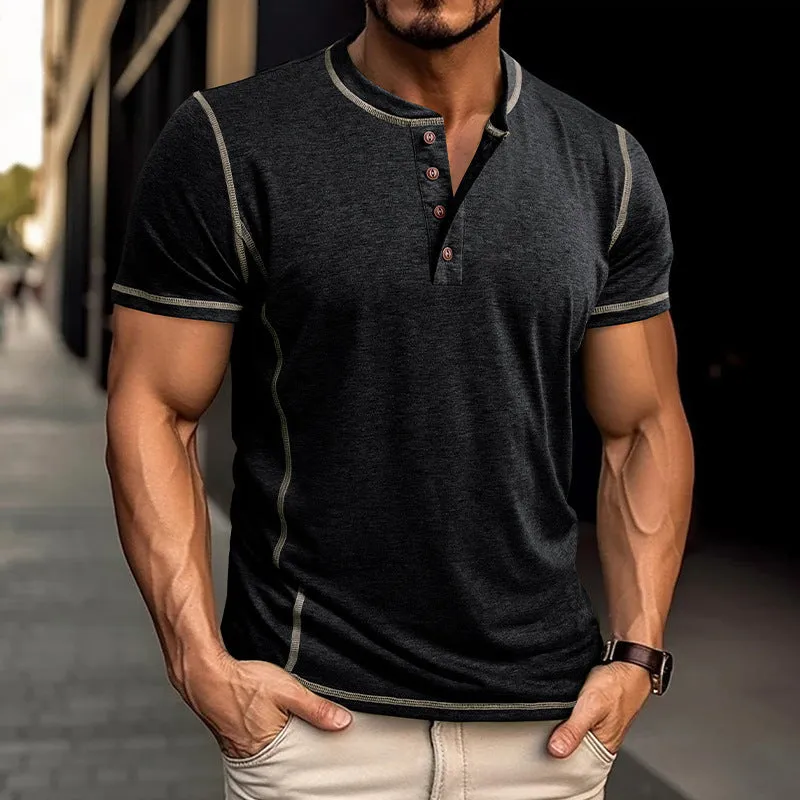 Men's short sleeve solid colour polo shirt in khaki, cotton blend fabric, button front, summer casual top