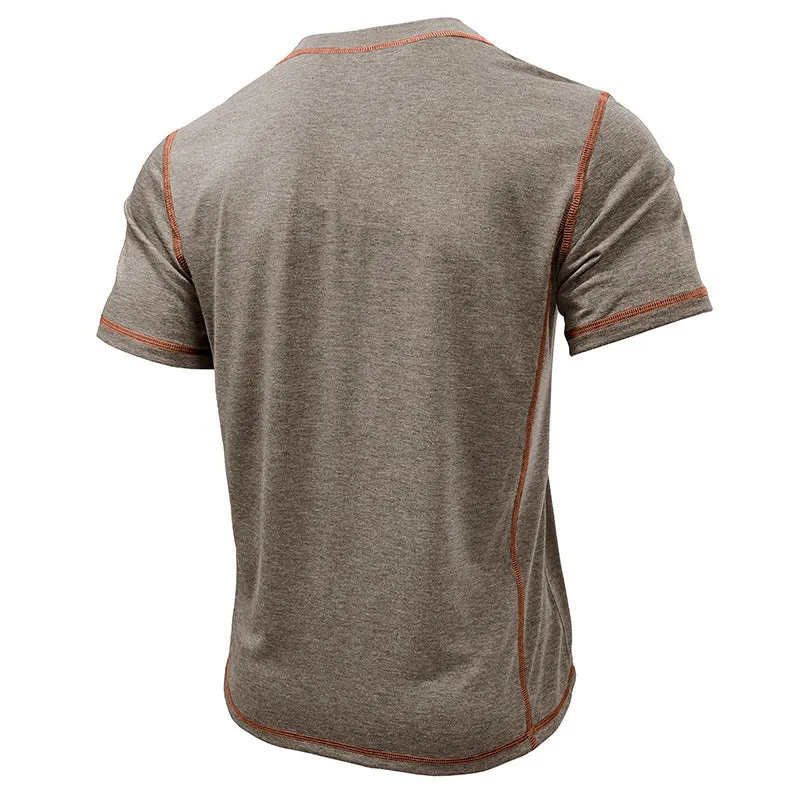 Men's short sleeve solid colour polo shirt in khaki, cotton blend fabric, button front, summer casual top