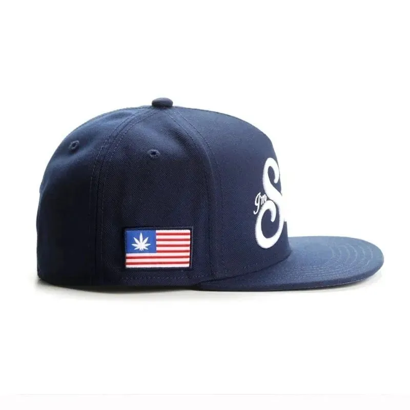 Navy blue cotton baseball cap with machine-embroidered English letters on front, dome crown, adjustable back strap