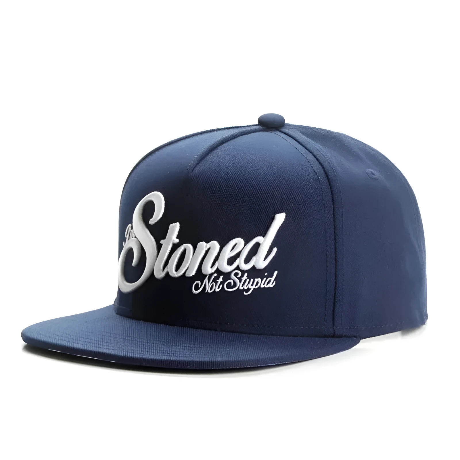 Navy blue cotton baseball cap with machine-embroidered English letters on front, dome crown, adjustable back strap