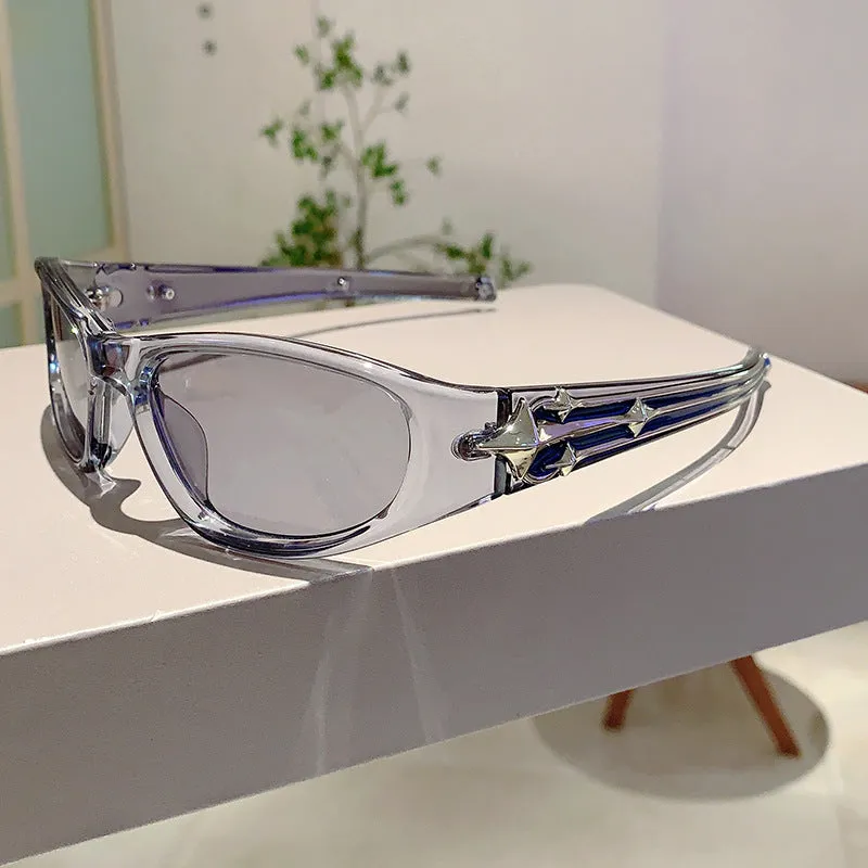 Polycarbonate windproof sunglasses in multiple colour options including black frame with blue lens.