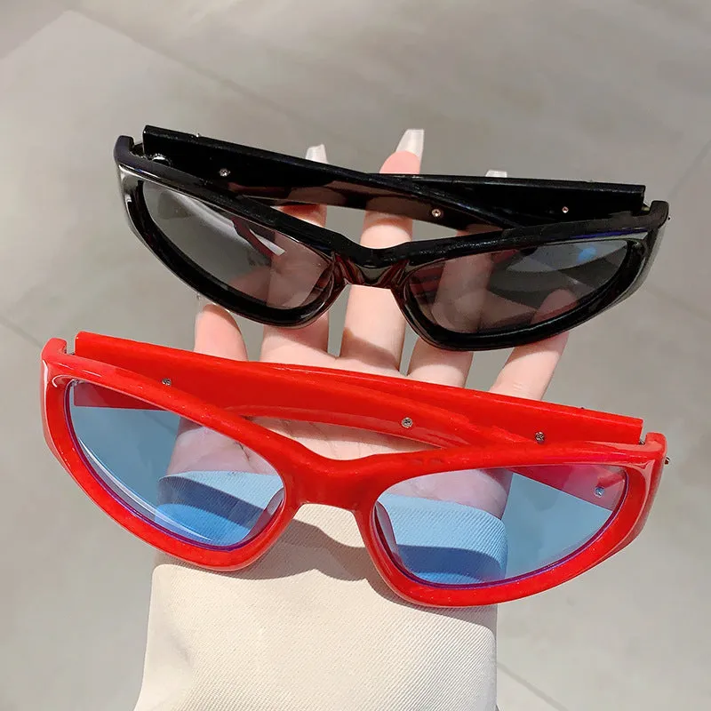 Polycarbonate windproof sunglasses in multiple colour options including black frame with blue lens.