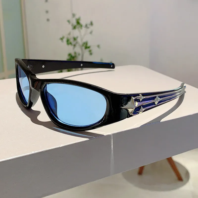 Polycarbonate windproof sunglasses in multiple colour options including black frame with blue lens.