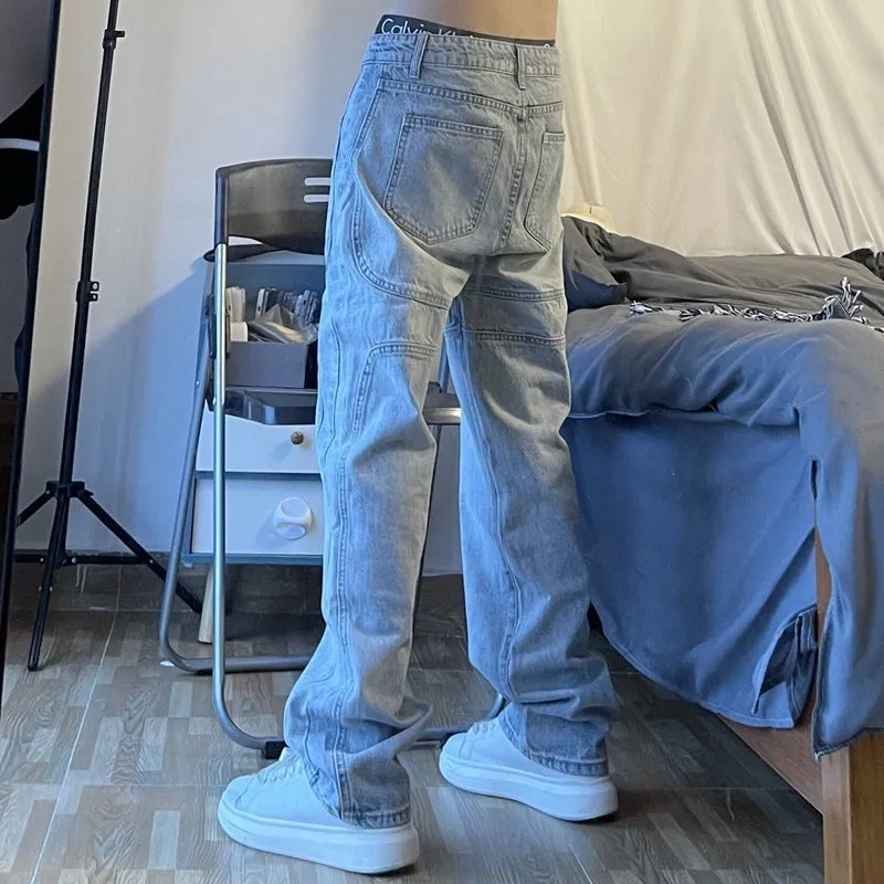 Straight-leg retro wash blue denim jeans for men and women, loose fit, mid-rise waist