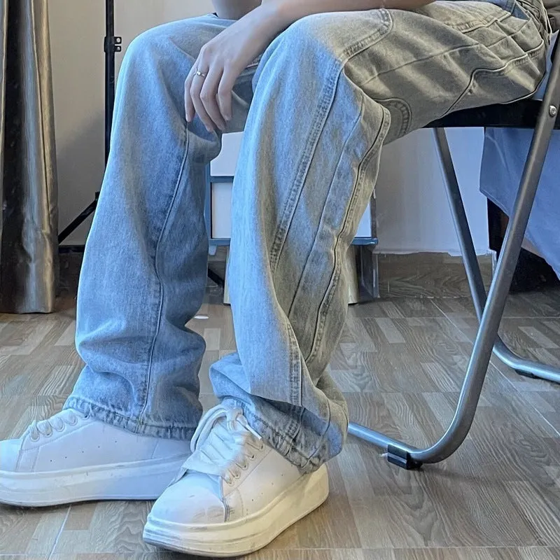 Straight-leg retro wash blue denim jeans for men and women, loose fit, mid-rise waist