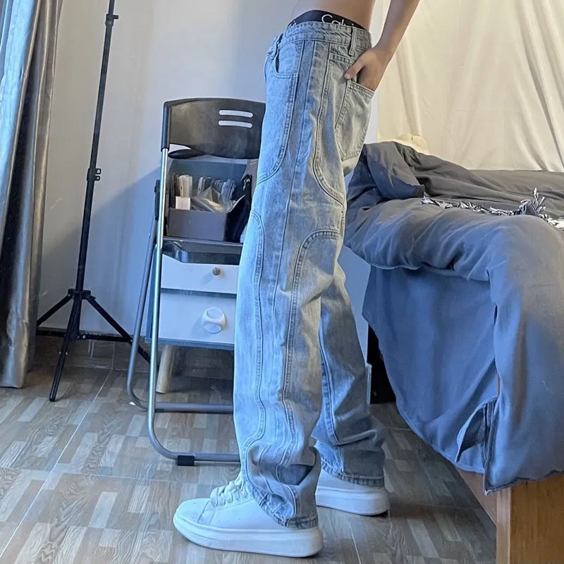 Straight-leg retro wash blue denim jeans for men and women, loose fit, mid-rise waist