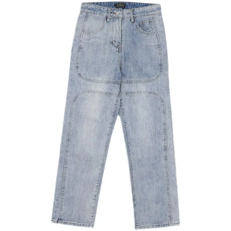 Straight-leg retro wash blue denim jeans for men and women, loose fit, mid-rise waist
