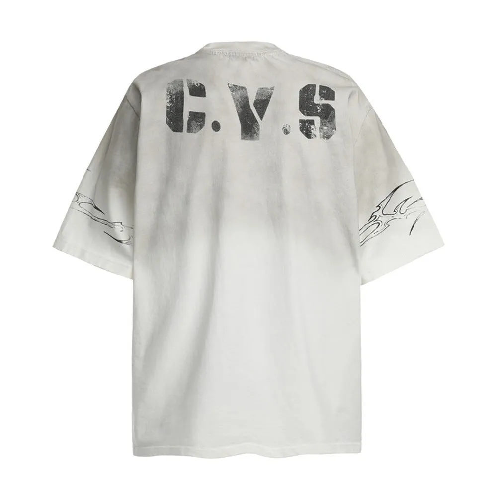 Men's black and white pure cotton printed short-sleeve t-shirt showing Asian size label.