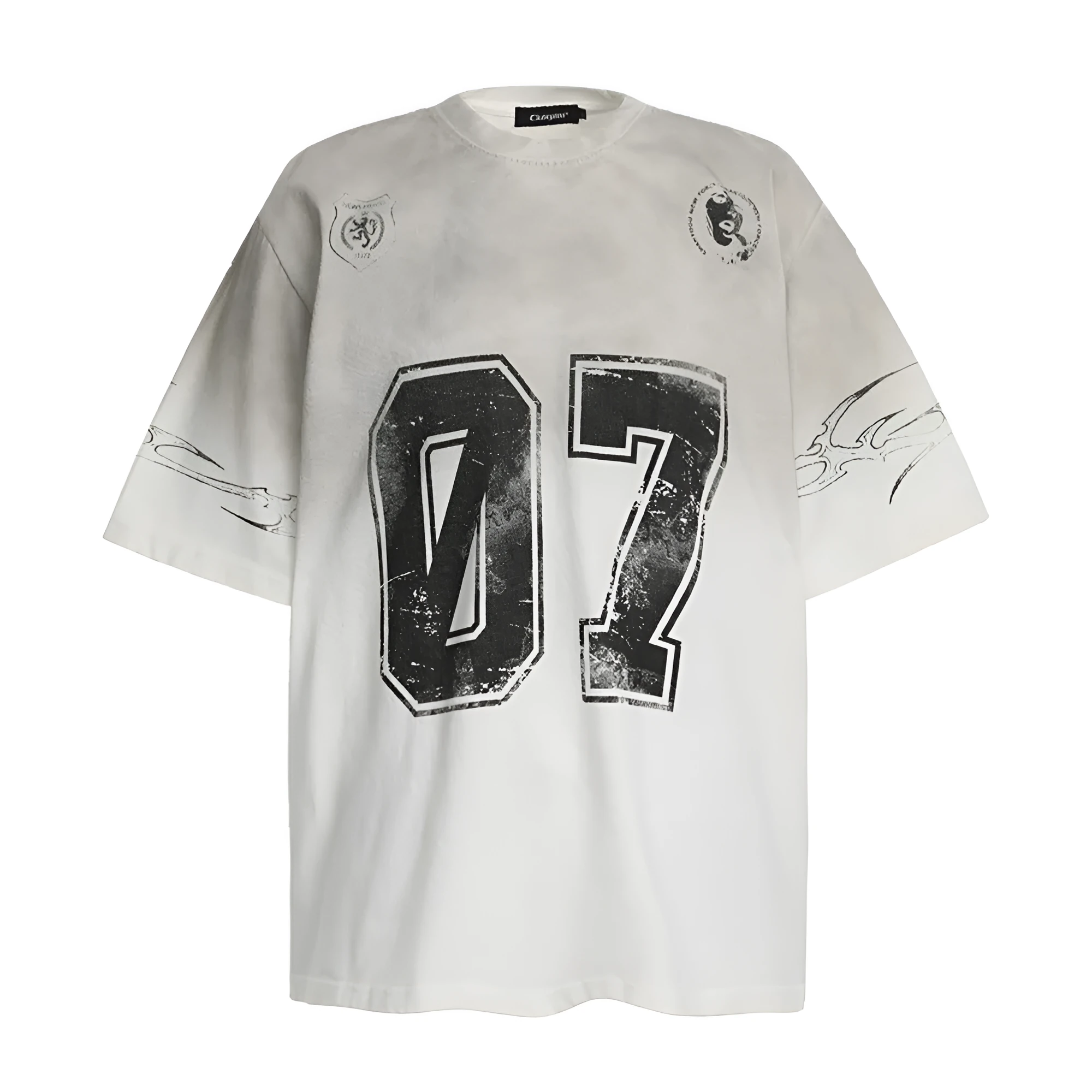 Men's black and white pure cotton printed short-sleeve t-shirt showing Asian size label.