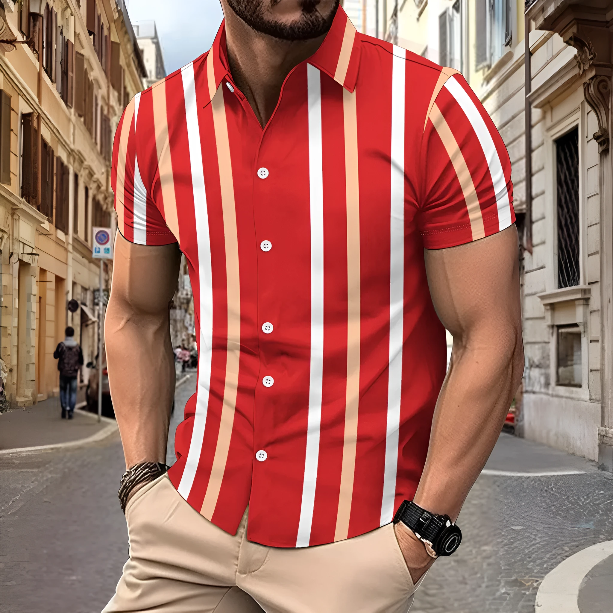 Casual striped printed short sleeve shirt for men with lapel collar and button front in olive green